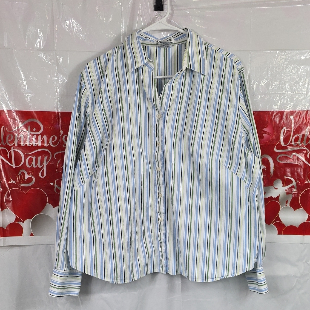 Cintas Striped Blue & Green Women's Button Shirt Size 22 (100% Cotton) (W364)